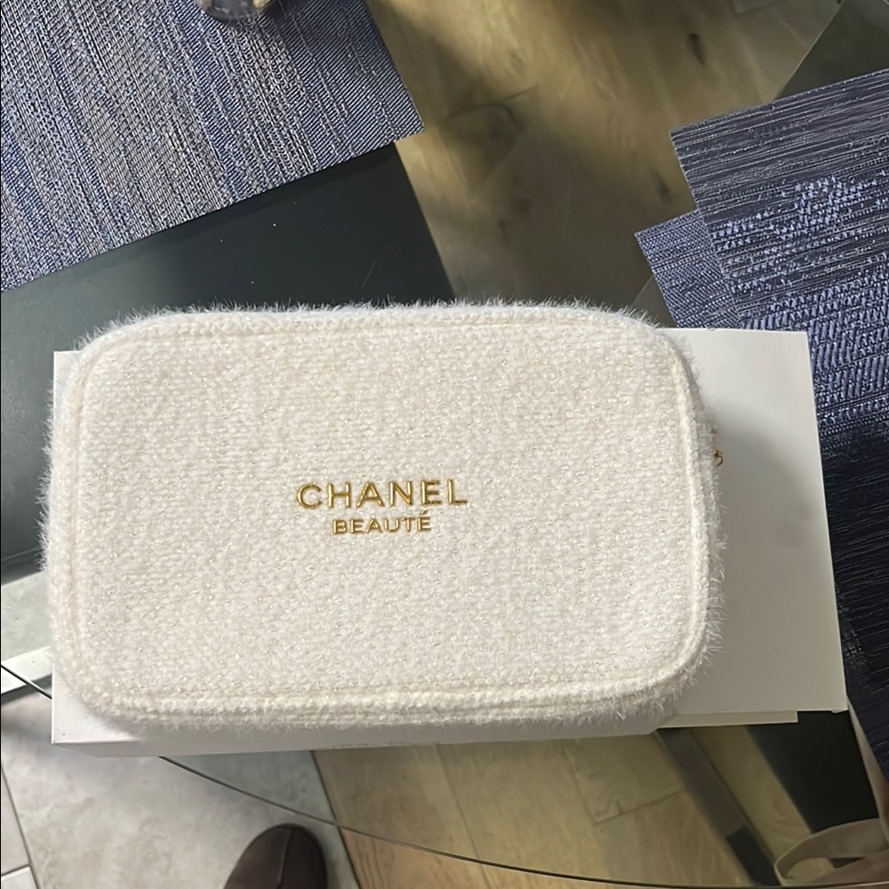 Chanel beauty large white fuzzy pouch brand new